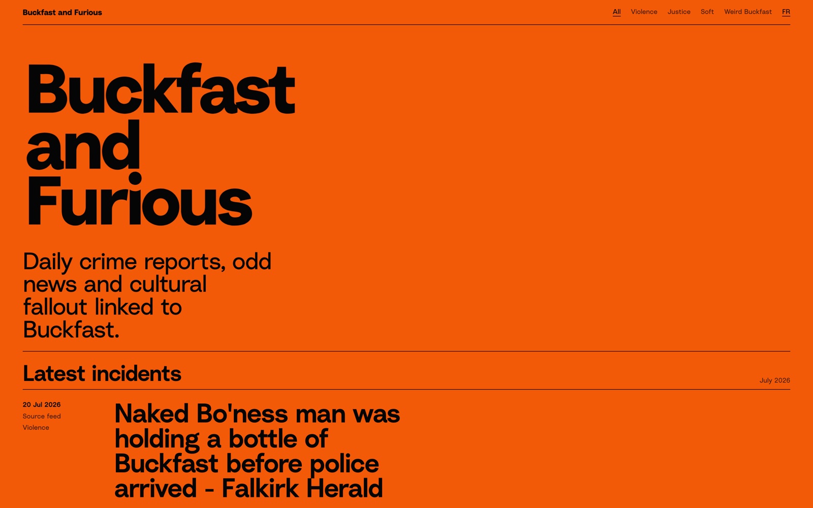 Page d'accueil « Buckfast and Furious » : titre noir en très gros sur fond orange vif, avec un fil d'actualités.