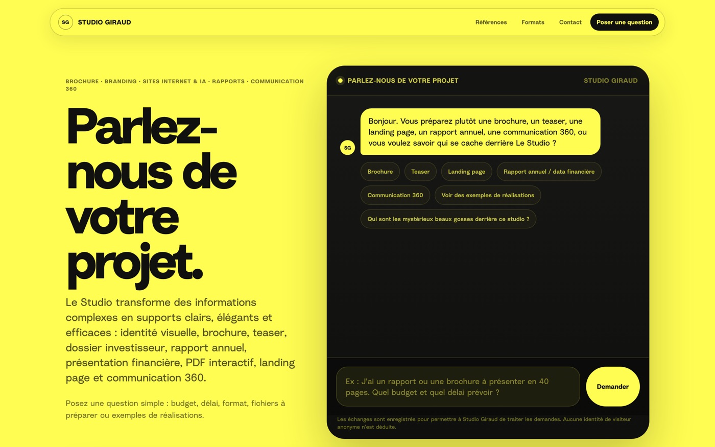 Interface conversationnelle sur fond jaune : titre « Parlez-nous de votre projet » et un chat proposant des réponses rapides (brochure, teaser, landing page…).