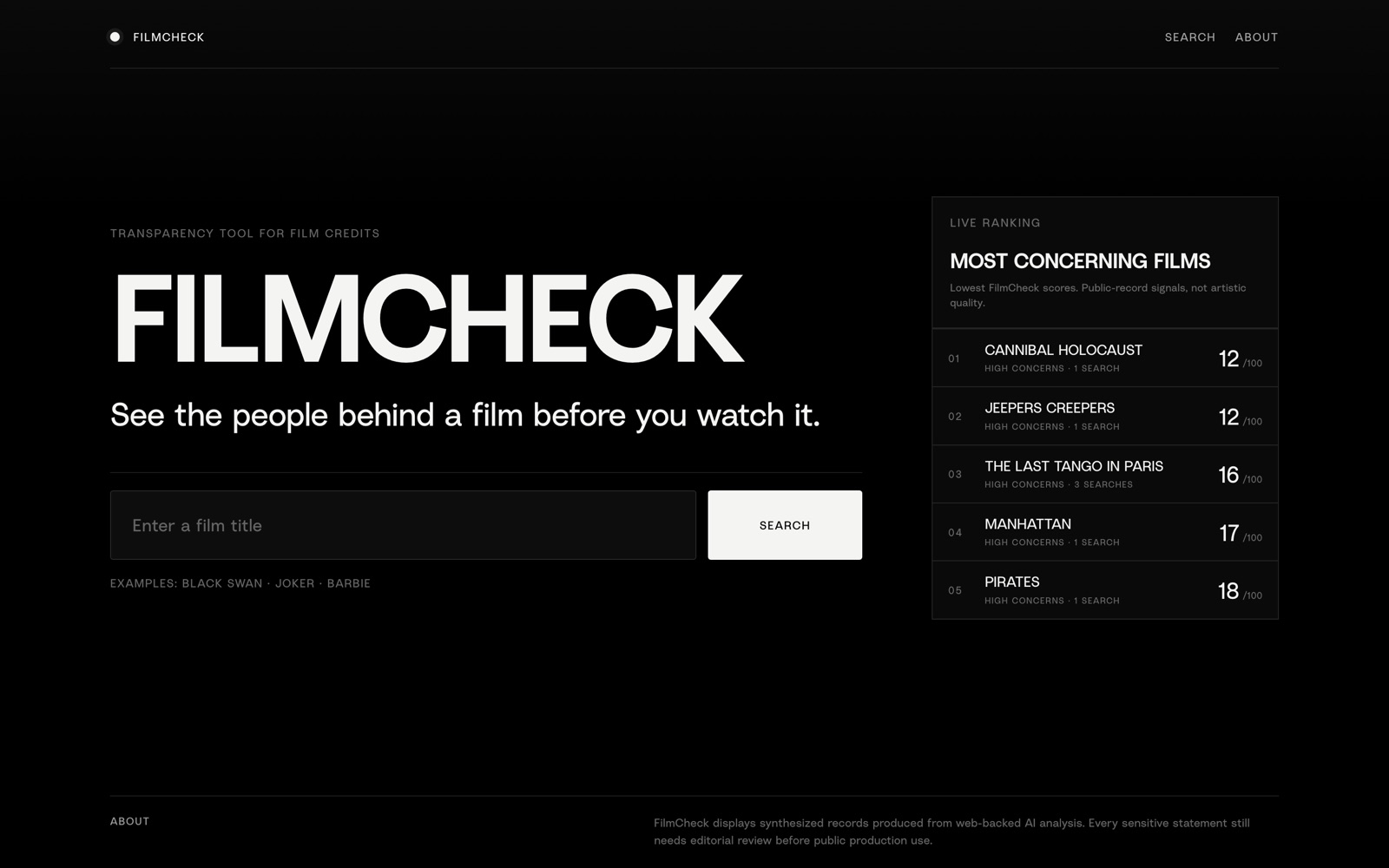 Page d'accueil de FilmCheck : titre « FILMCHECK » en très gros et un classement des films les plus problématiques.